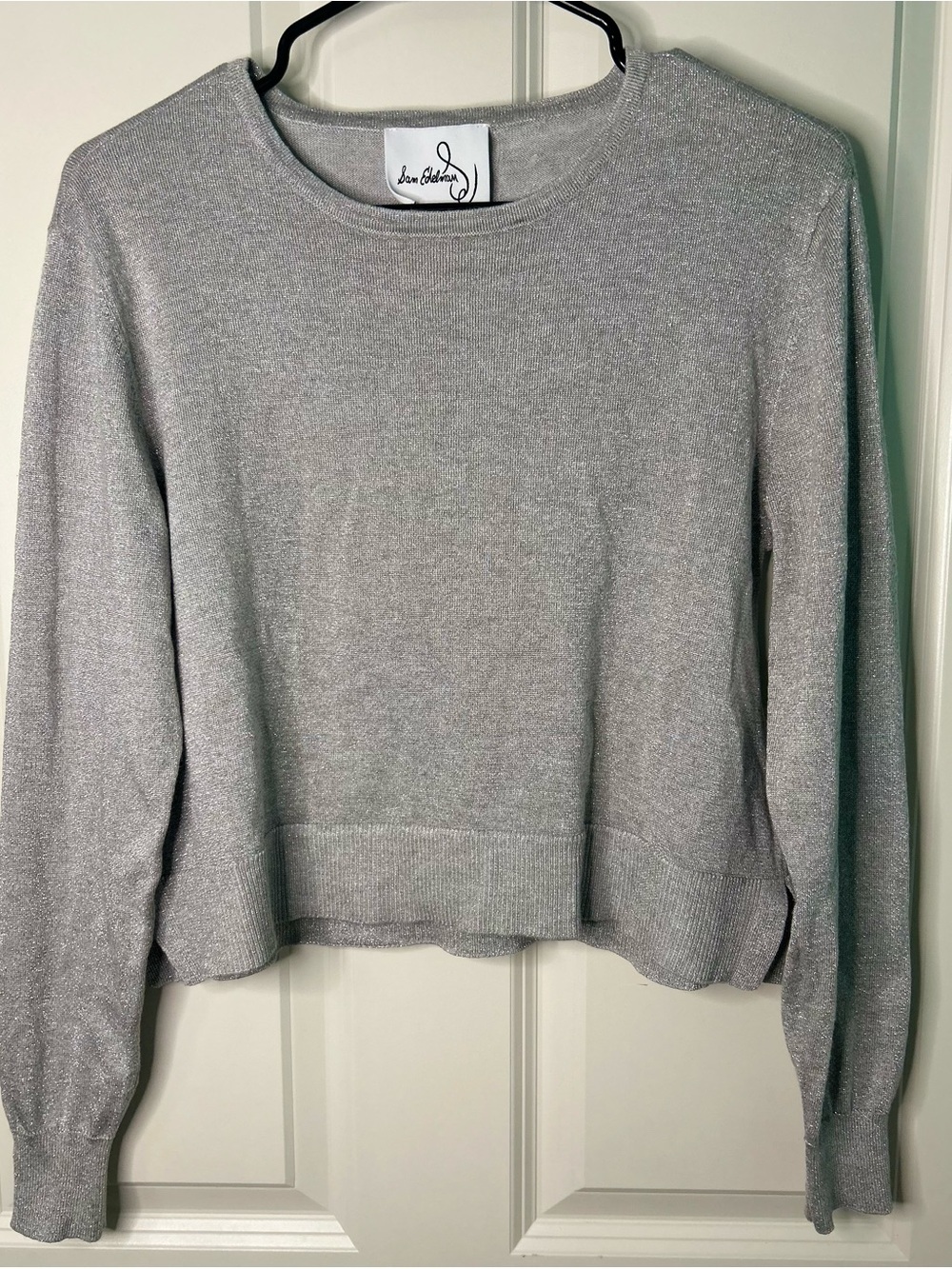 Sam Edelman Silver metallic Crewneck sweater Sparkle knit Cropped length